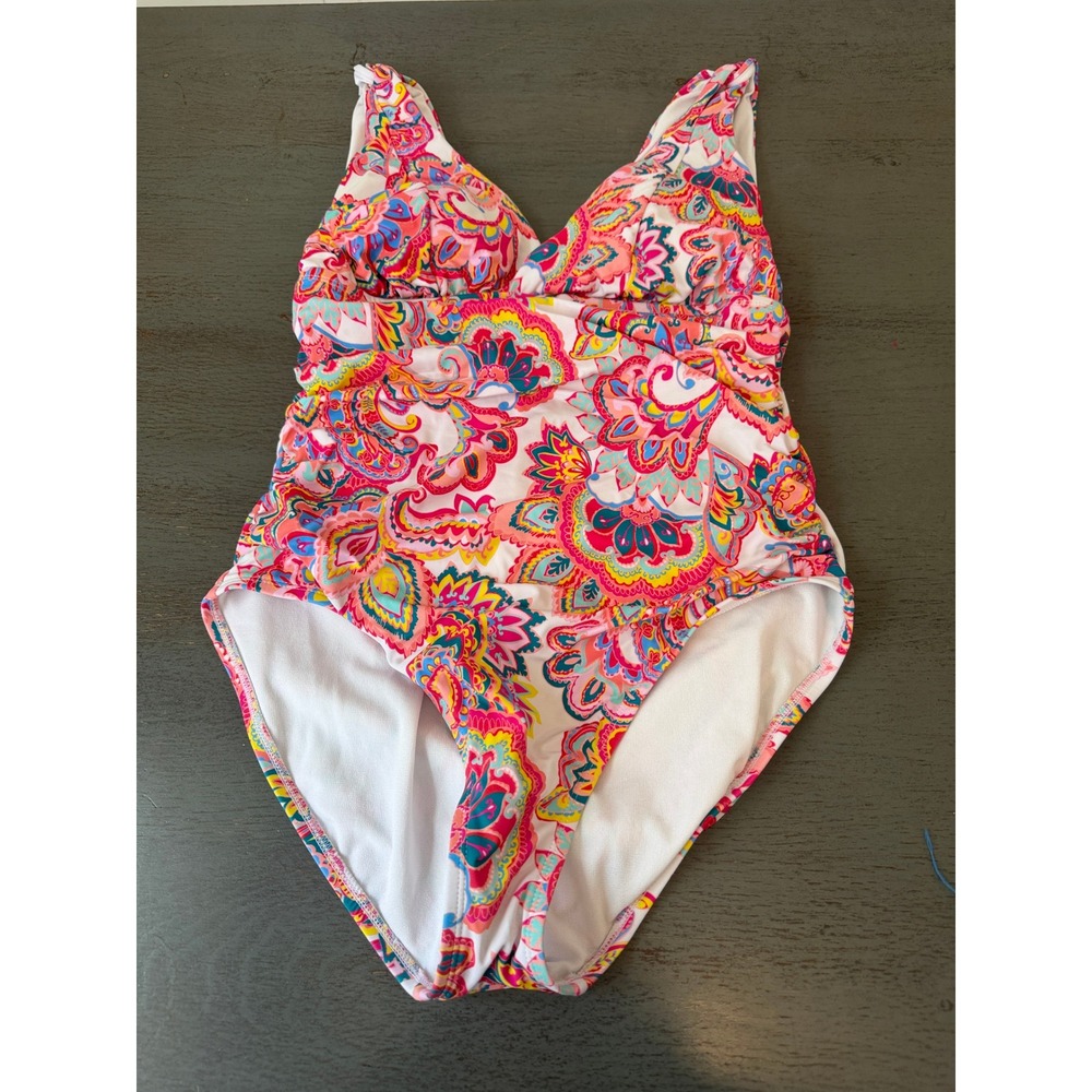 Time and Tru Womens Paisley One Piece Swimsuit Multicolor V-Neck Size L 12-14